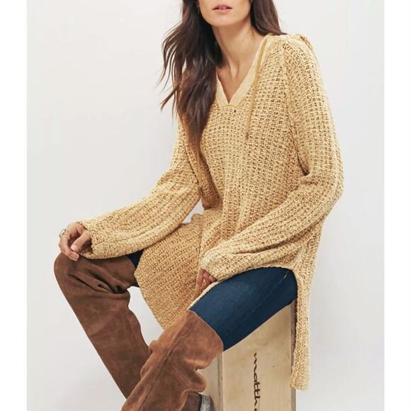Free People Chunky Knit Crochet Hoodie Long Tunic Pullover Sweater Size M - Picture 13 of 16